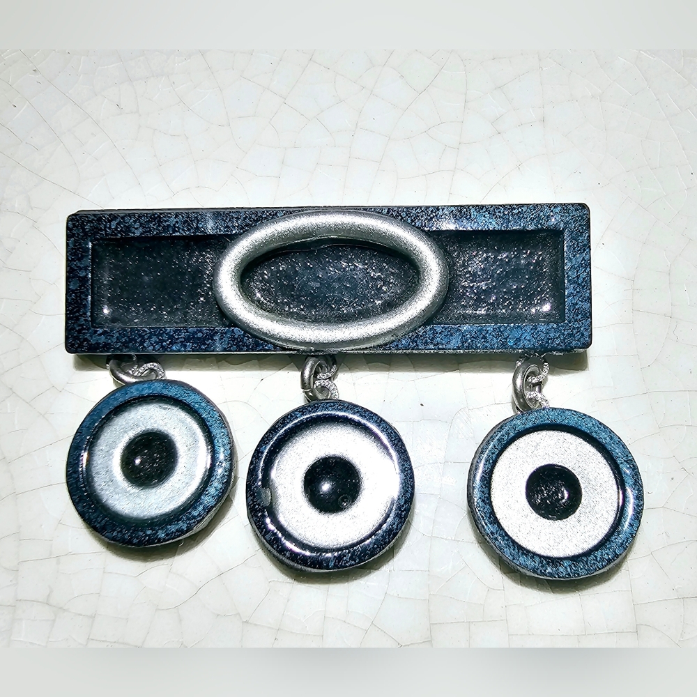 Mid Century modern handmade artisan rectangle green, evil eye charms brooch